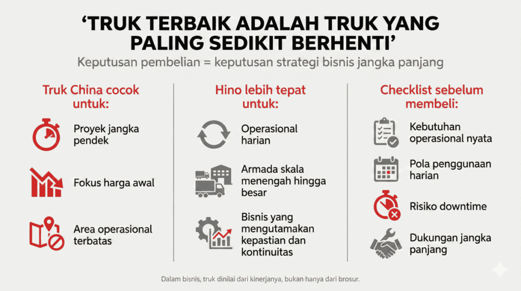 Perbandingan operasional antara truk China dan Hino untuk bisnis jangka panjang.